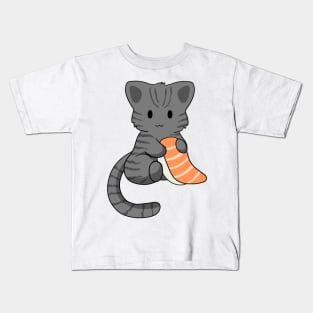 Grey Tabby Cat with Sushi Kids T-Shirt